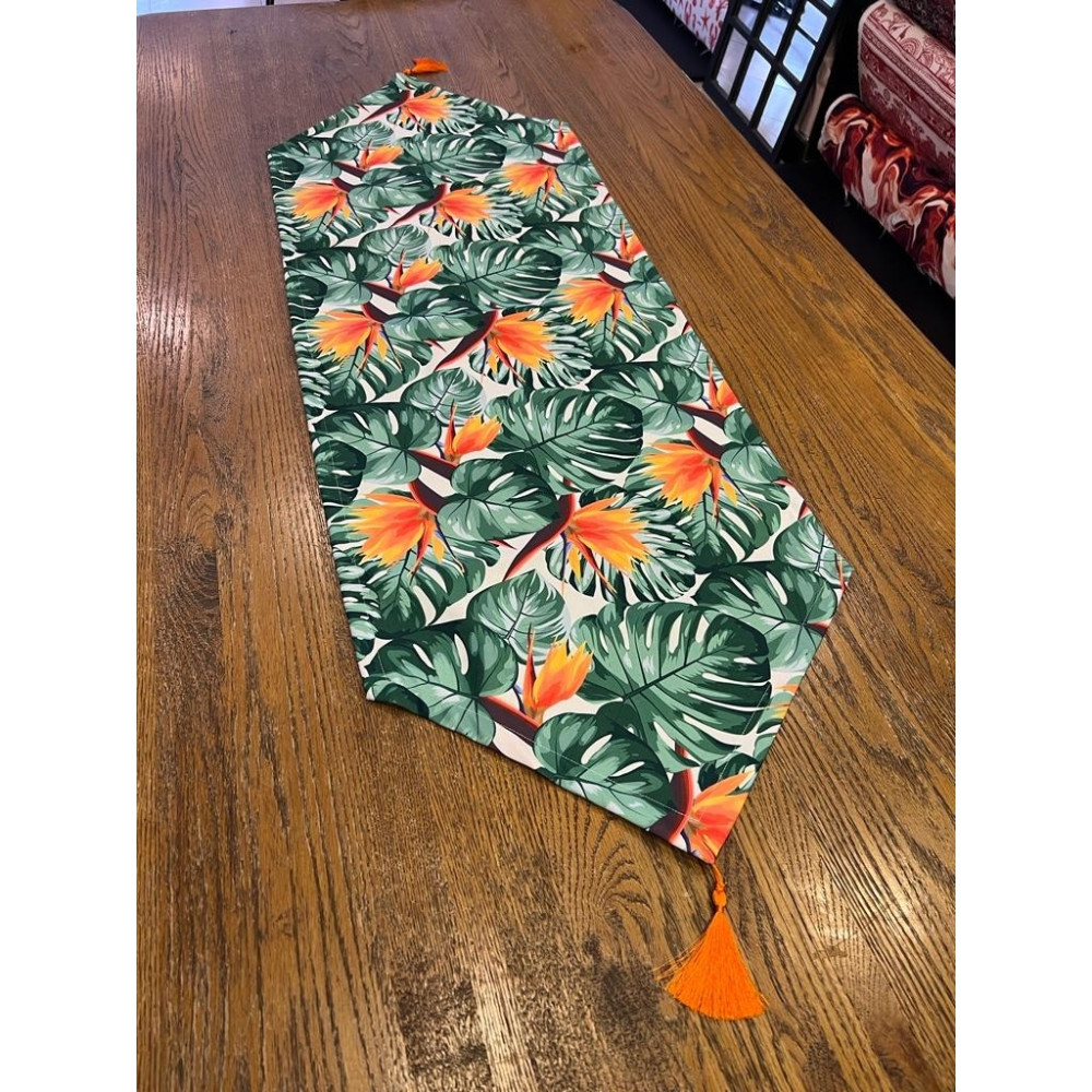 Tuğçe Demir Home Design Yeşil Yaprak Turuncu Çiçek Desen Runner - 45 x 135 cm - Renkli Diğer Fiyatı