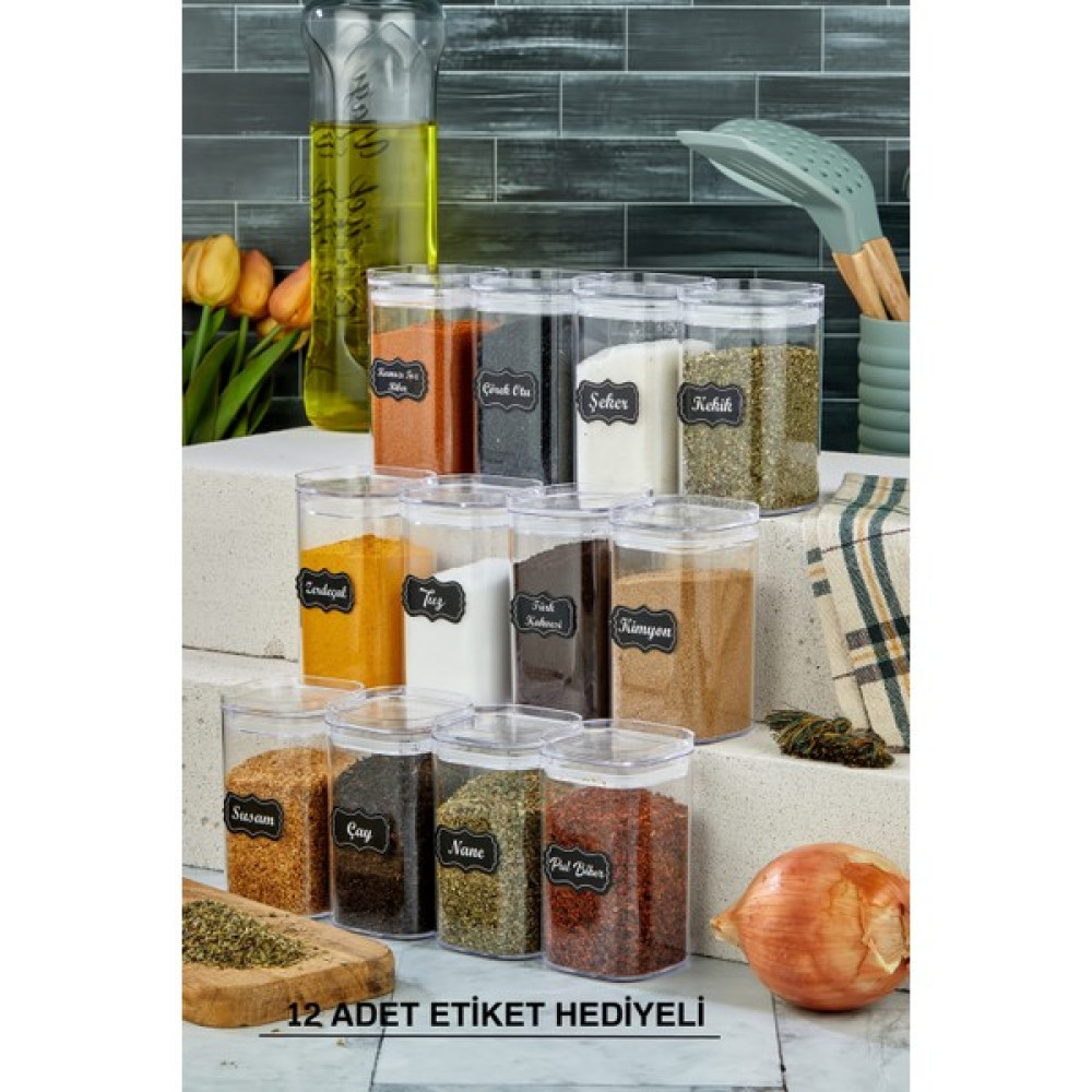 Tugomer 12'li Etiketli Kare Baharatlık Takımı - Vakumlu Hava Almaz Kapaklı Şeffaf Baharatlık Seti 250 ml Baharat Setleri & Baharatlıklar Fiyatı