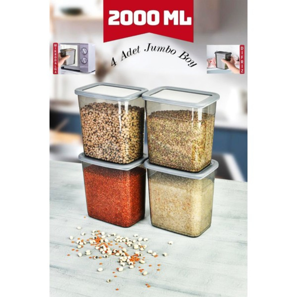 Tugomer 4 Adet Jumbo Boy Dikdörtgen Saklama Kabı - Hava Almaz Kapaklı Un Bakliyat Erzak Kabı 2000 ml Saklama Kapları Fiyatı