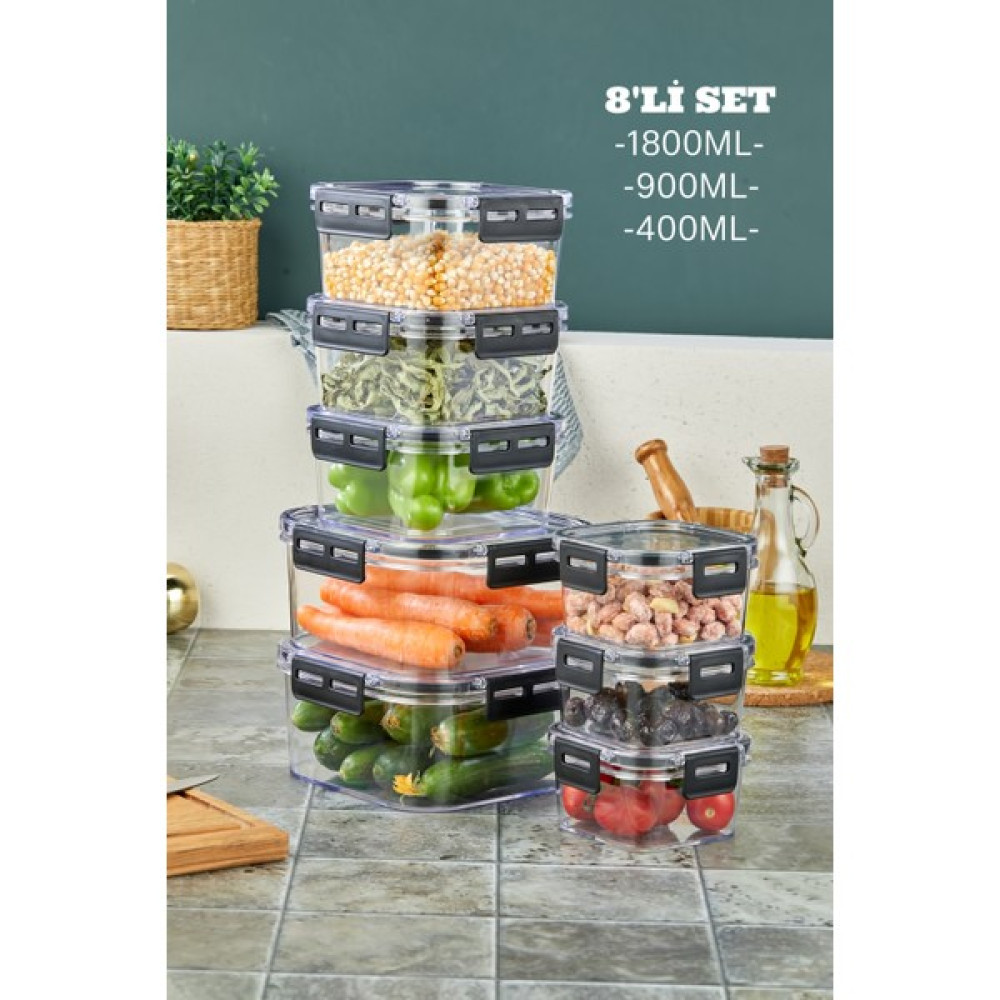 Tugomer 8'li Kare Saklama Kabı - Contalı Hava Almaz Kapaklı Kahvaltılık Erzak Kabı 3X400ML-3X900ML-2X1800ML Saklama Kapları Fiyatı