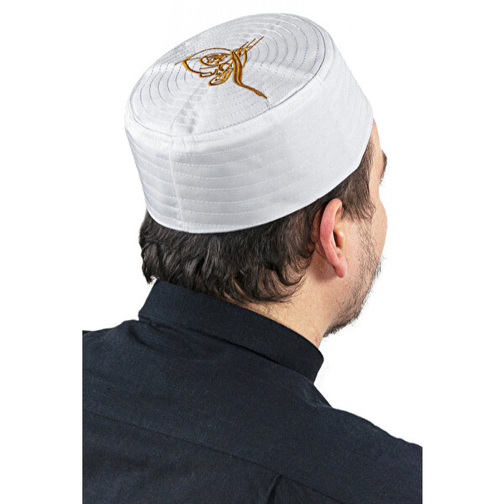 Tuğra Desenli Kalıp Kumaş Takke Beyaz Erkek Şapkası Fiyatı