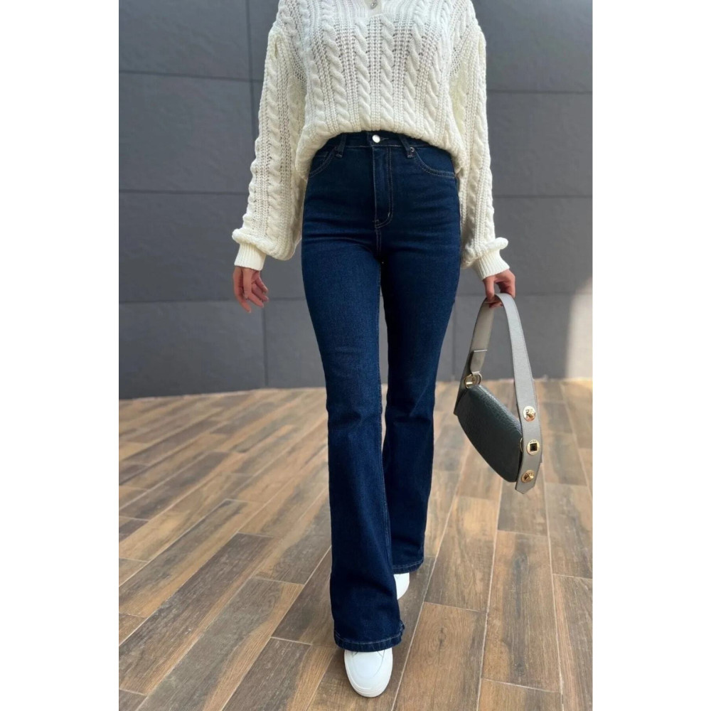 TugsatTasarTekstil Anna Koyu Mavi Yüksek Bel Flare Jeans Kot Pantolon Kadın Likralı 31 Beden Kadın Pantolon Fiyatı