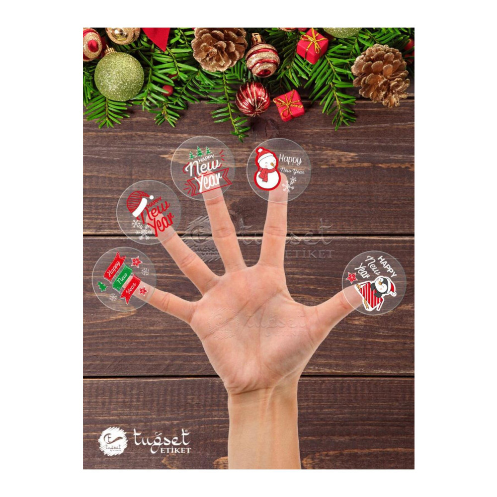 TUĞSET ETİKET Happy New Year Sticker Mutlu Yıllar Şeffaf Etiket 4 cm 35 adet yeni Yeni yıl yılbaşı- Etiket Fiyatı