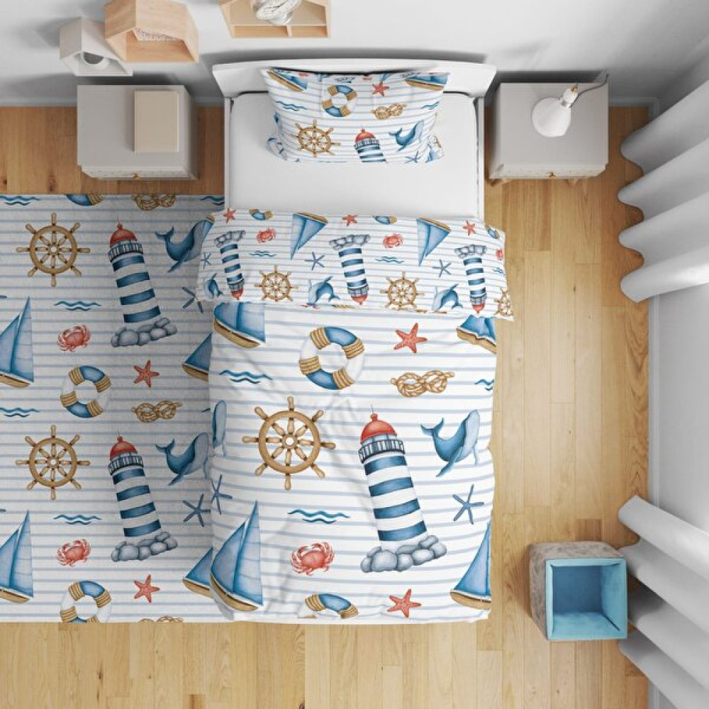 Tugu Home&Baby Çift Taraflı Dijital Baskılı Pamuklu Micro Saten Çocuk Odası Tek Kişilik Nevresim 44 - Beyaz - Mavi - 160 x 220 cm Nevresim Takımı Fiyatı