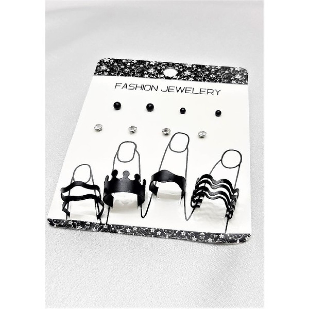 Tükkan Accessories Siyah Kaplama 4 Çift Küpe ve 4 Adet Eklem Yüzüğü Vip Seri Kombin Çoklu Set Bijuteri Küpe Fiyatı