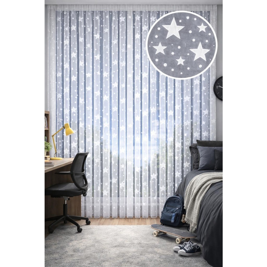 Tül Perde Yıldız Desenli Kaliteli Perde Aynı Gün Kargoda! 1x3 Sık Pileli - Beyaz - 270 x 250 cm Tül Perde Fiyatı