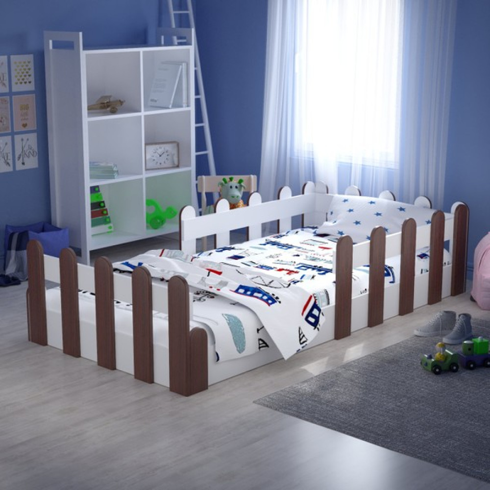 Tulip Life Tuliplife Montessori Karyola Beyaz Rustik Ceviz 90X190 Yatak Uyumlu Oval Kesim Çocuk Yatağı - Açık Yeşil - 90 x 190 cm Karyola Fiyatı