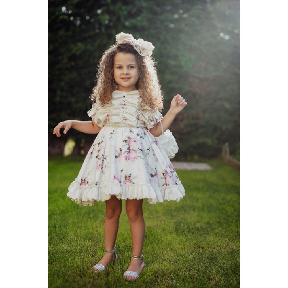 Tulipano Luxury Ekru Elbise, Pembe Çiçekli Abiye, Vintage Kız Çocuk Elbise, Parti Elbisesi Elbise Fiyatı