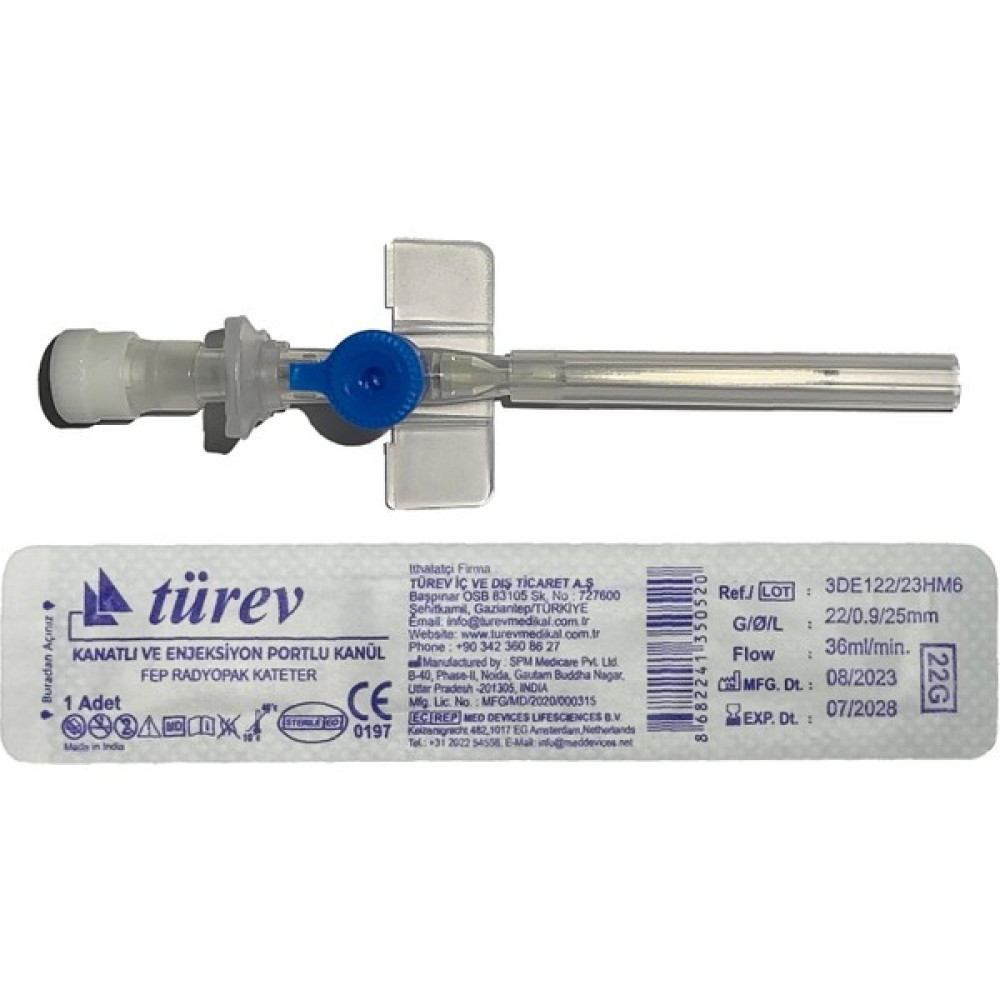 Türev Kanül Mavi Kanatlı ve Enjeksiyon Portlu 22G-0,9X25MM, Akış:36 Ml/dk 100AD Oto Boyaları Fiyatı