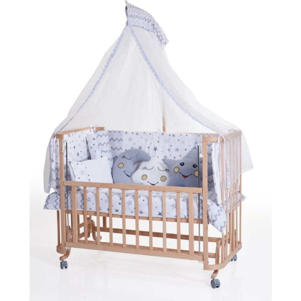 Turhan Bebe Ahşap Beşik Anne Yanı Beşik Sallanır Beşik Organik 60X120 + Yıldız Uyku Seti + Yatak + Tekerlekli - Gri Beşik Fiyatı