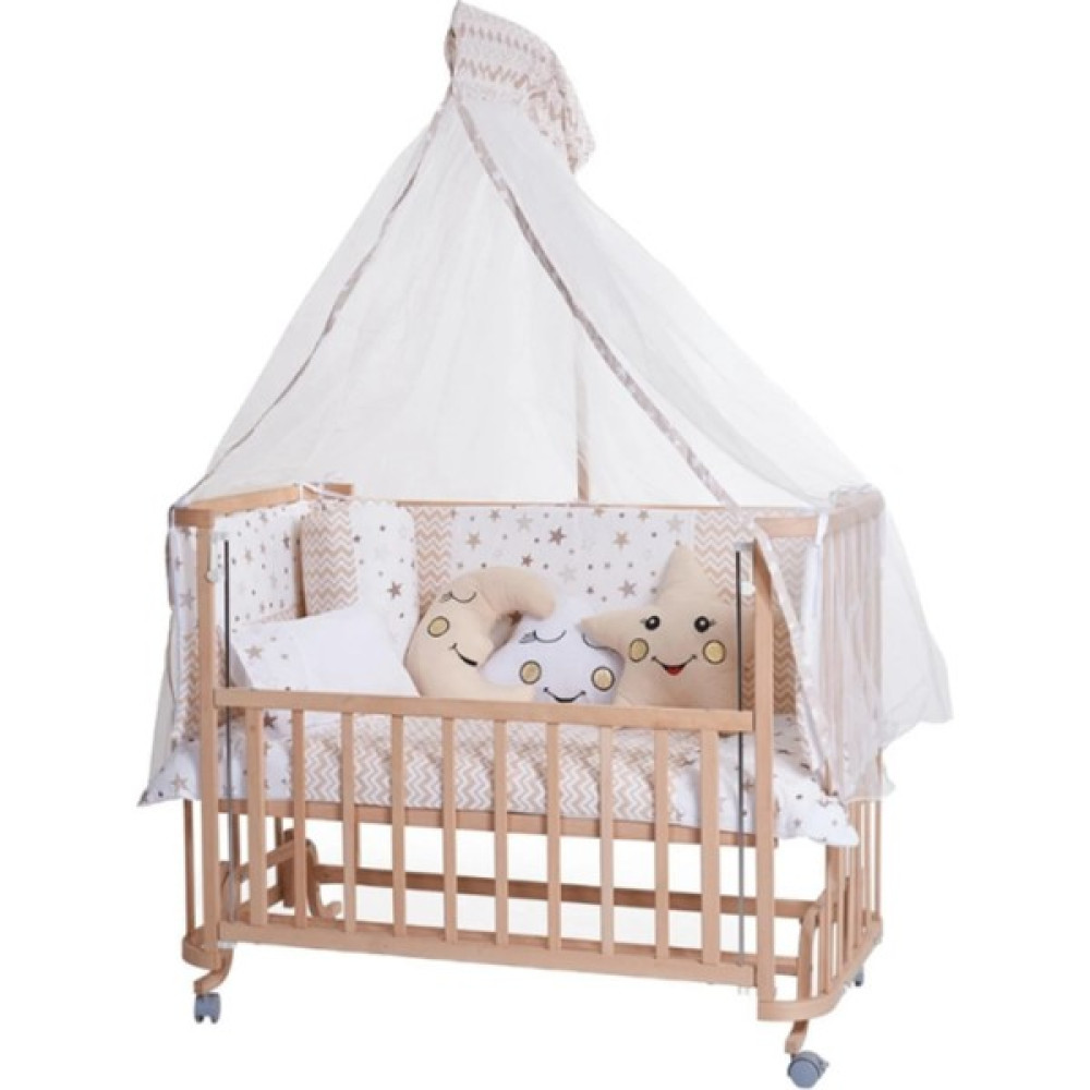Turhan Bebe Ahşap Beşik Anne Yanı Beşik Sallanır Beşik Organik 60X120 + Yıldız Uyku Seti + Yatak + Tekerlekli - Kahverengi - Grey Beşik Fiyatı