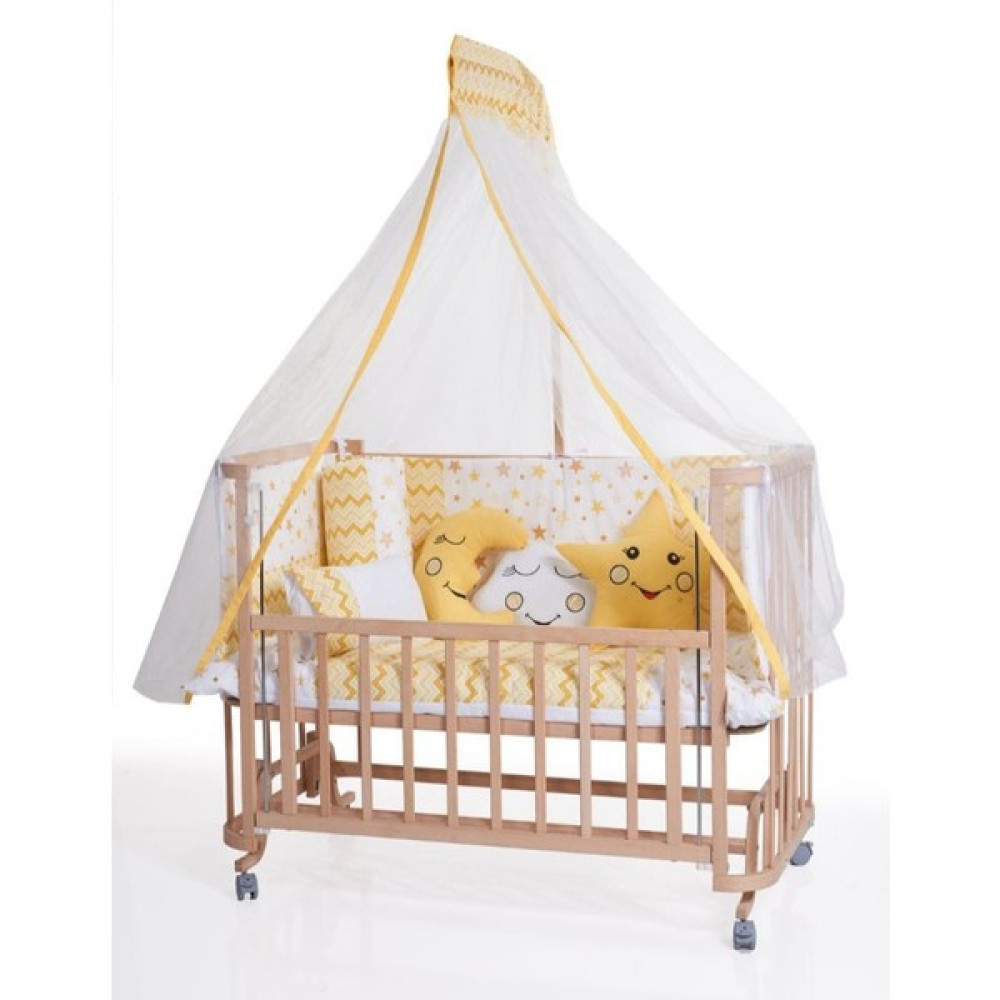Turhan Bebe Ahşap Beşik Anne Yanı Beşik Sallanır Beşik Organik 60X120 + Yıldız Uyku Seti + Yatak + Tekerlekli - Sarı Beşik Fiyatı