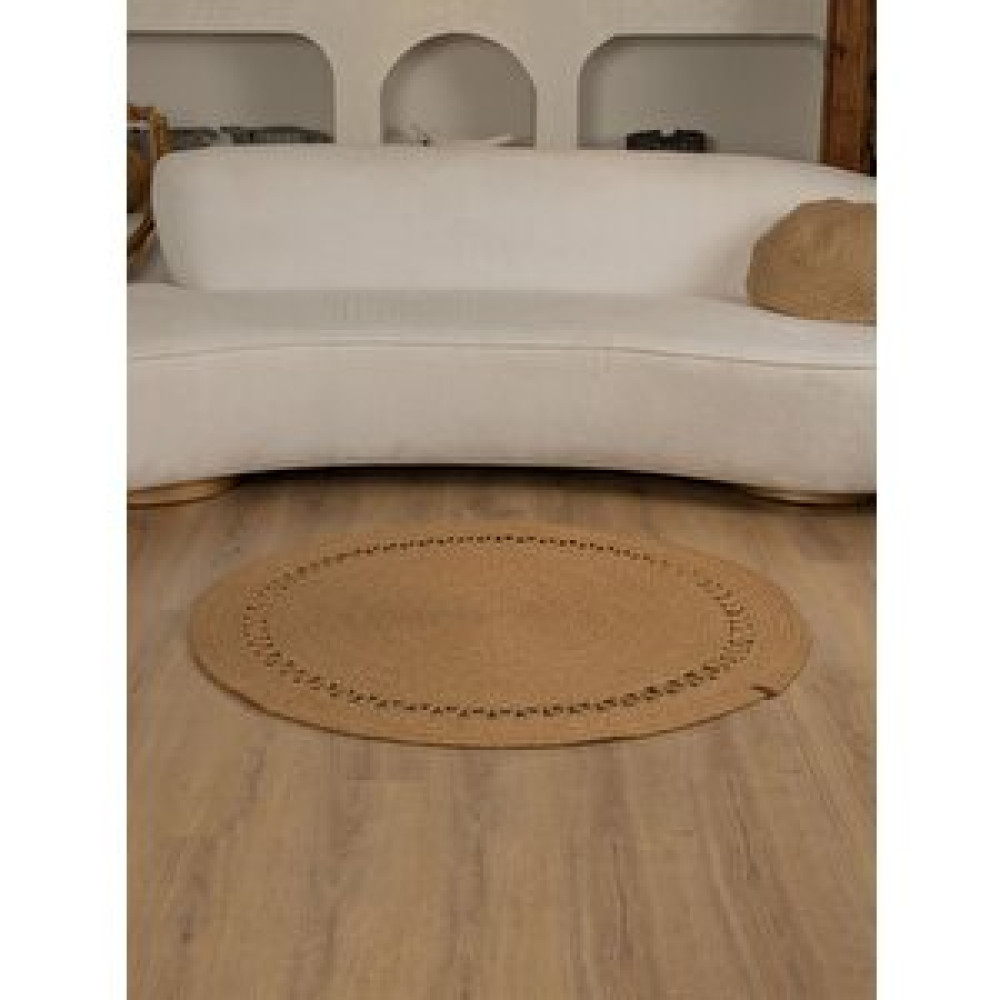 TurQhouse Tek Tricot Doğal Hasır Halı Yuvarlak Örme Işlemeli Hasır Bej Kilim 120x120 cm Salon & Oturma Odası Tekstili Fiyatı
