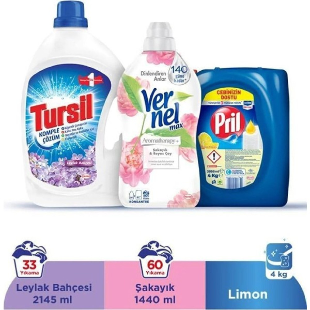 Tursil Leylak Bahçesi 33 Yıkama Jel Deterjan + Pril Limon 4 kg Bulaşık Deterjanı - 2,14 lt Çamaşır Deterjanı Fiyatı