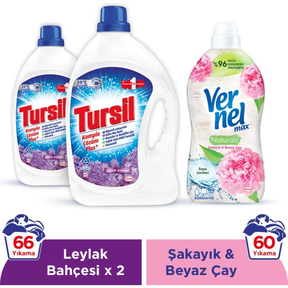 Tursil Leylak Bahçesi 33 Yıkama Jel Deterjan x 2 adet + Vernel Max Naturals Şakayık & Beyaz Çay 1440 ml (60 yıkama) Çamaşır Deterjanı Fiyatı