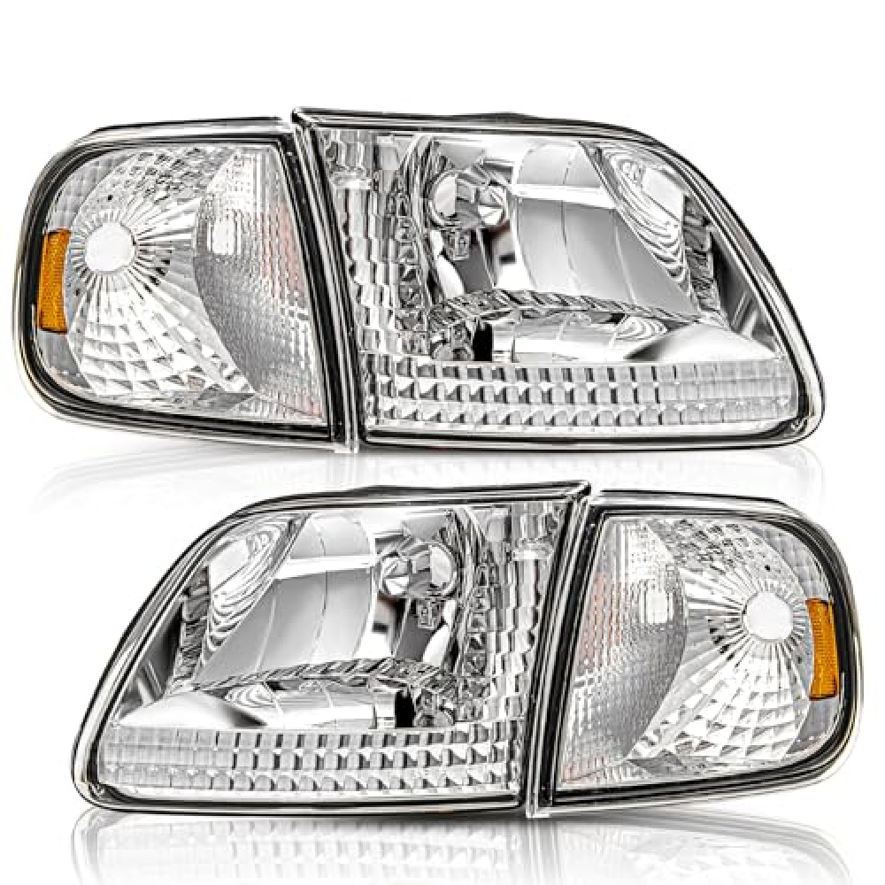 TUSDAR Headlight Assembly Compatible with 97-03 F150 04 F150 Heritage 97-02 Expedition 97-99 F250 w/Corner Lights 4pcs, Chrome Housing with Amber Reflector
