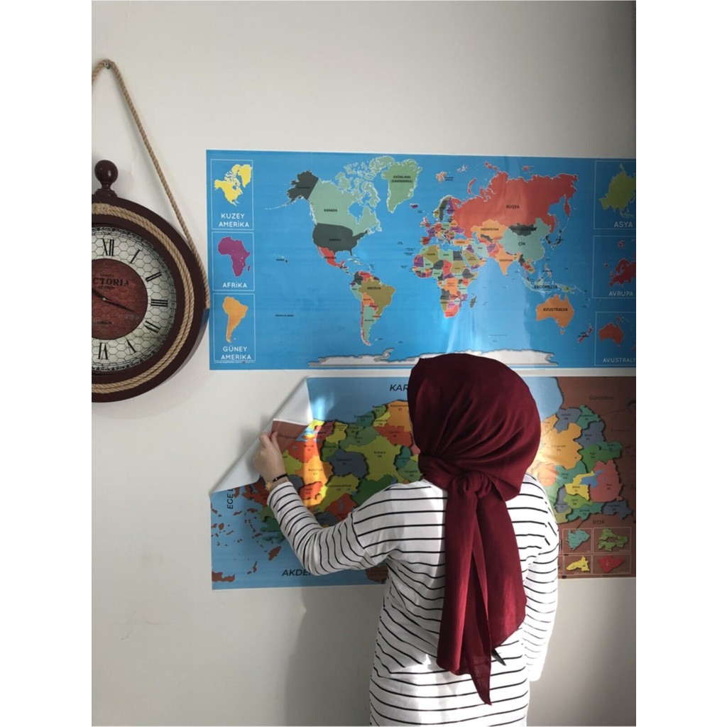 Tutunabilir Kağıt Dekoratif Tablo Eğitici Türkiye ve Dünya Haritası Çocuk Duvar Sticker Yazı Tahtası Kağıt Tahta 2 Set Kanvas Tablo Fiyatı