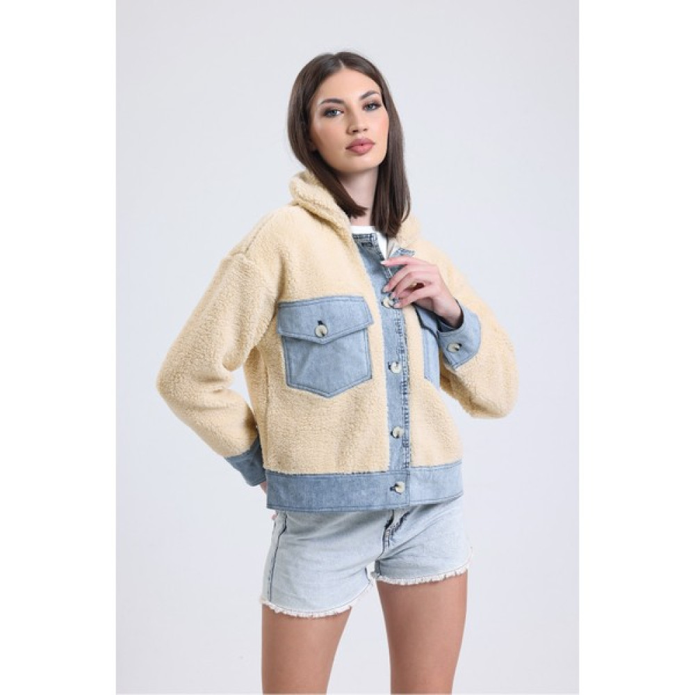 TWILLS Mont Peluş Kısa Crop Gömlek Yaka Kot Detaylı Cepli Düğmeli Kadın Mont Twılls Bayan Mont Fiyatı