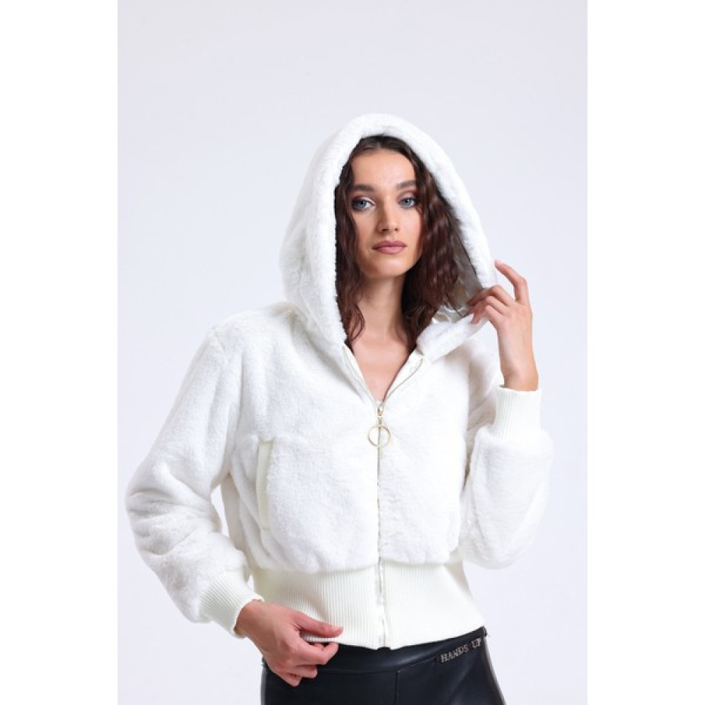 TWILLS Mont Peluş Kısa Crop Kapüşonlu Fermuarlı Ribanalı Kadın Mont Twılls Bayan Mont Fiyatı