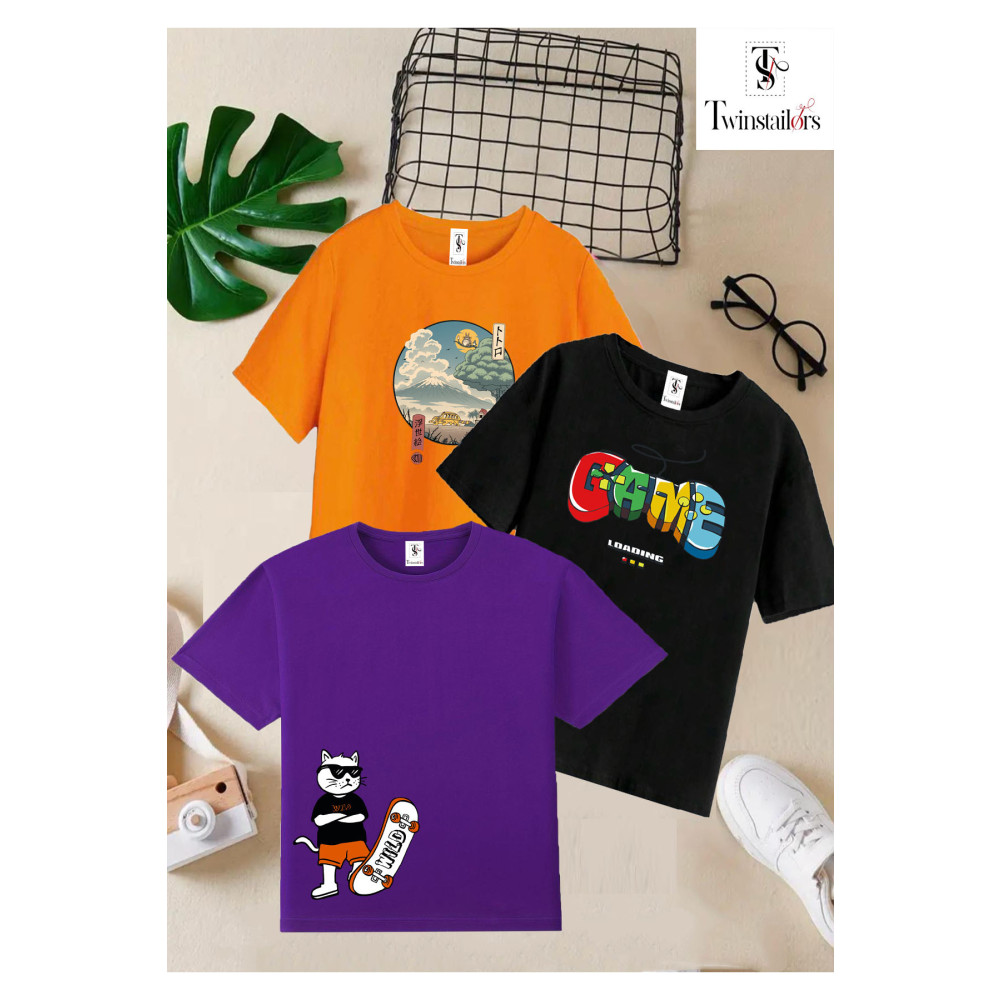 twins tailors Çocuk Game Baskılı Siyah-Turuncu-Mor 3lü Çocuk T-shirt Paketi 6-7 Yaş Beden Bayan T-shirt Fiyatı