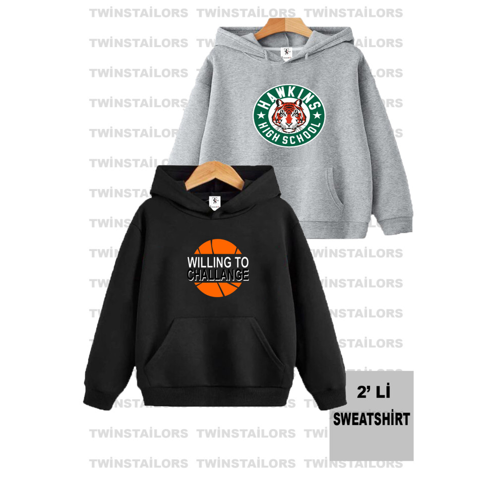 twins tailors Hıgh School Baskılı Unisex İkili Paket Siyah-Gri Çocuk Sweatshirt Hoodie 12-13 Yaş Beden Bayan Sweatshirt Fiyatı