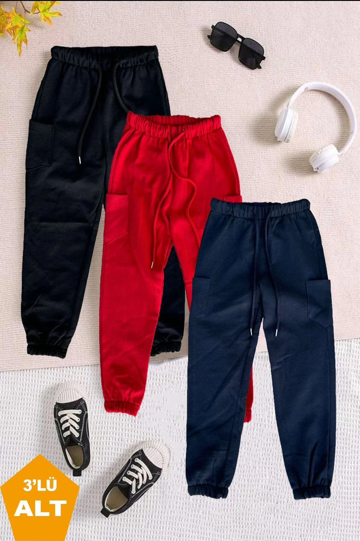 twins tailors İçi Polarlı Lastikli Paça 3lü Paket Unisex Kırmızı-Lacivert-Siyah Çocuk Eşofman Altı 24-36 Ay Beden" Kadın Eşofman Fiyatı