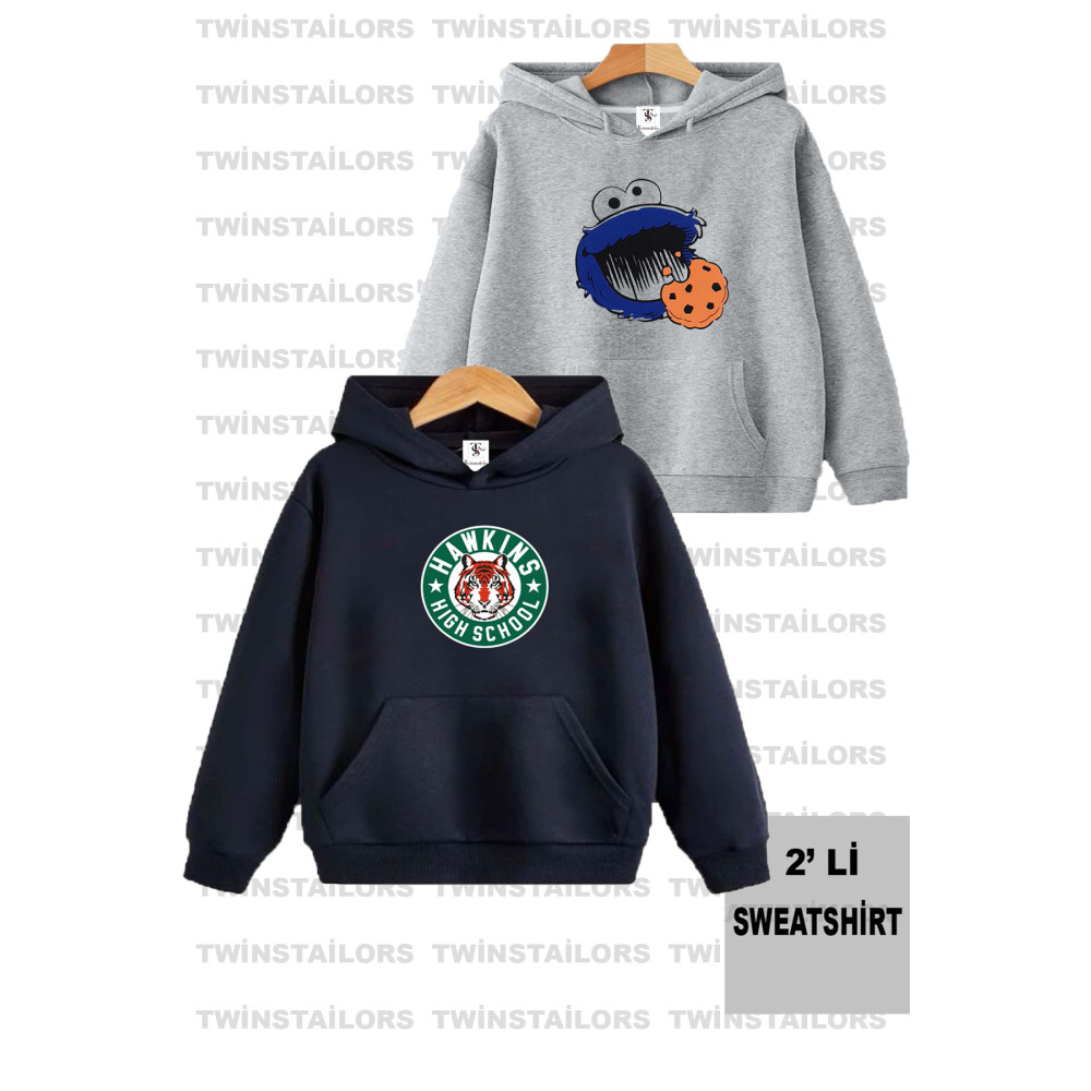 twins tailors Kurabiye Canavarı Baskılı Unisex İkili Paket Lacivert-Gri Kapüşonlu Çocuk Sweatshirt Hoodie 3-4 Yaş Beden Bayan Sweatshirt Fiyatı