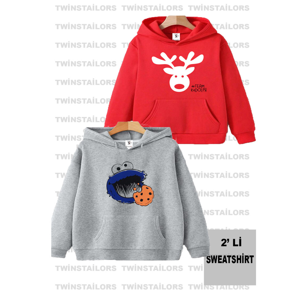 twins tailors Kurabiye Canavarlı Baskılı Unisex İkili Paket Gri-Kırmızı Çocuk Kapüşonlu Sweatshirt Hoodie 8-9 Yaş Beden Bayan Sweatshirt Fiyatı