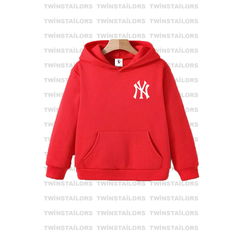 twins tailors NY Baskılı Unisex Kapüşonlu Kırmızı Çocuk Sweatshirt Hoodie 3-4 Yaş Beden Bayan Sweatshirt Fiyatı