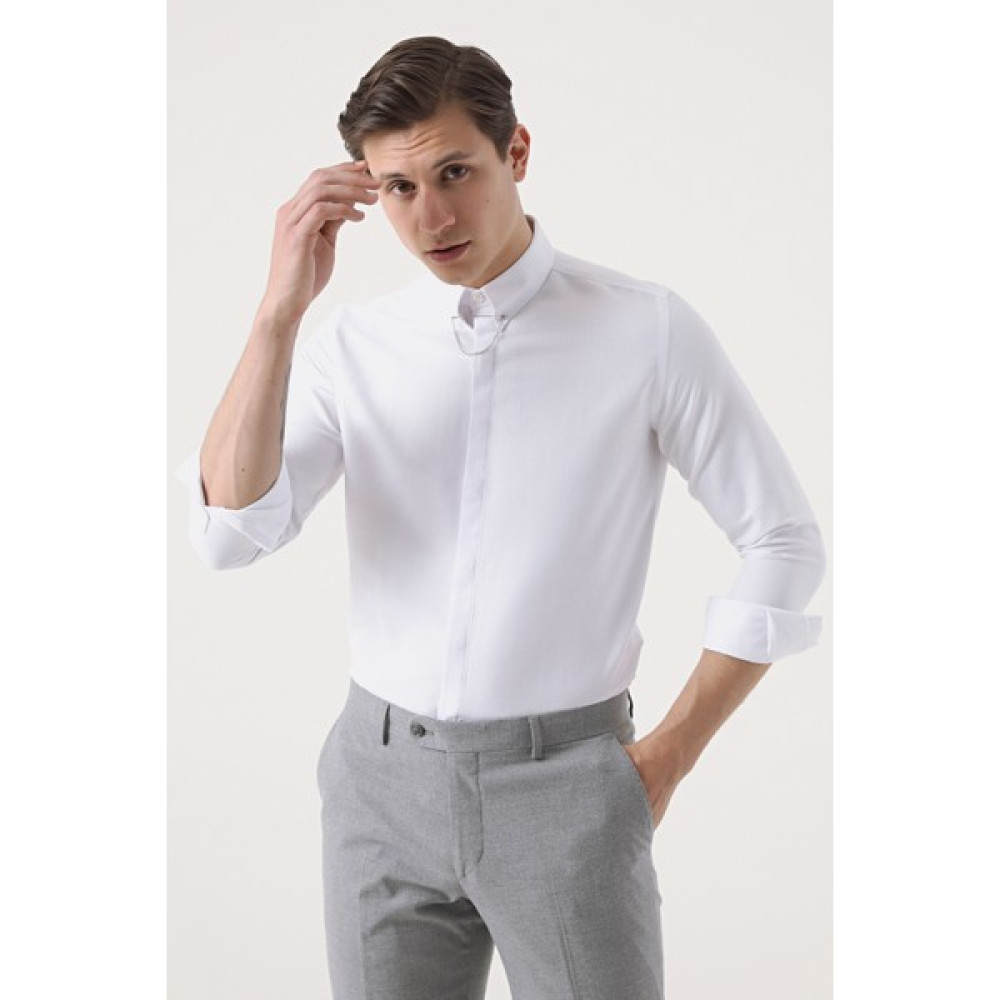 Twn Slim Fit Beyaz Armürlü Gömlek 8EF02EE38293M Erkek Gömlek Fiyatı