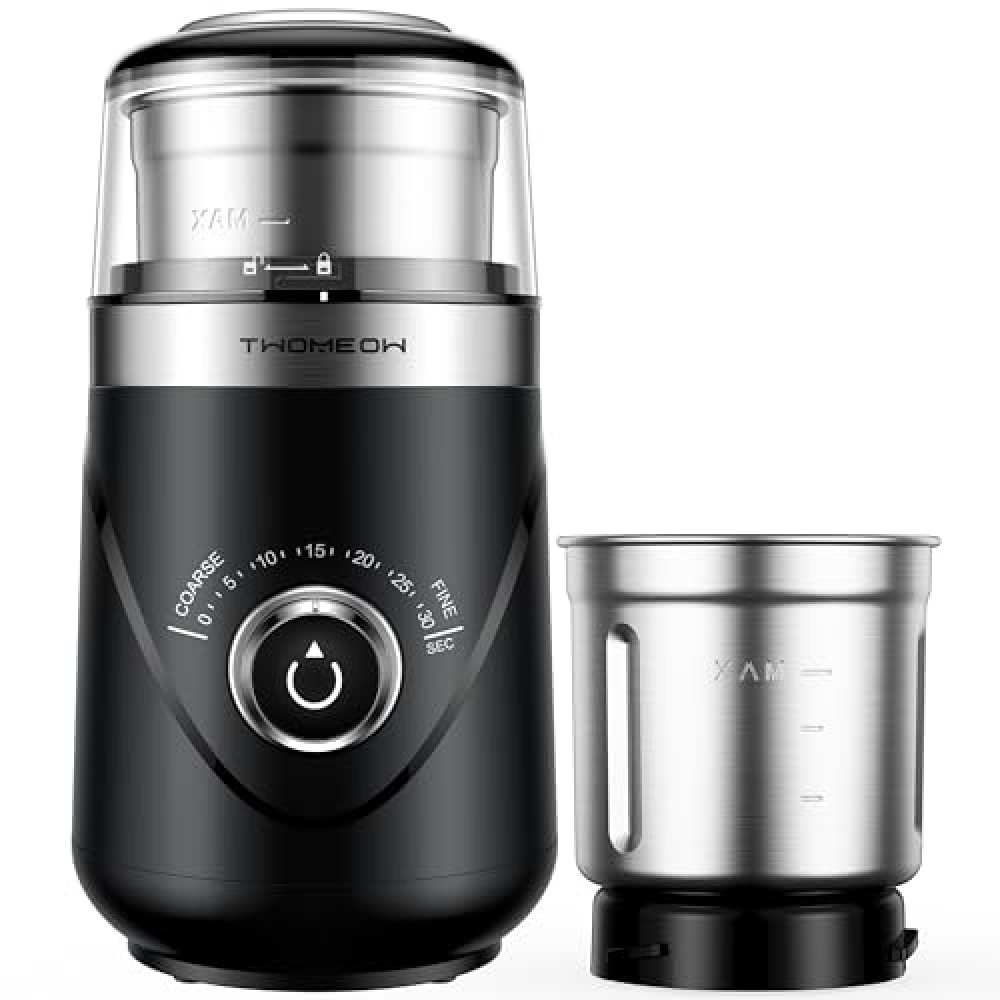 TWOMEOW Coffee Grinder, Adjustable Electric Grinder with Timing Knob, Coffee Bean and Spice Grinder with Removable Stainless Steel Bowl, Automatic for French Press and Espresso