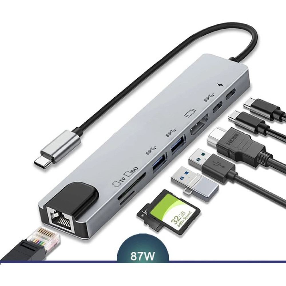 Type-C 8 In 1 Ethernet Sd USB HDMI Çoğaltıcı - Gri Bilgisayar Çevirici ve Adaptörü Fiyatı