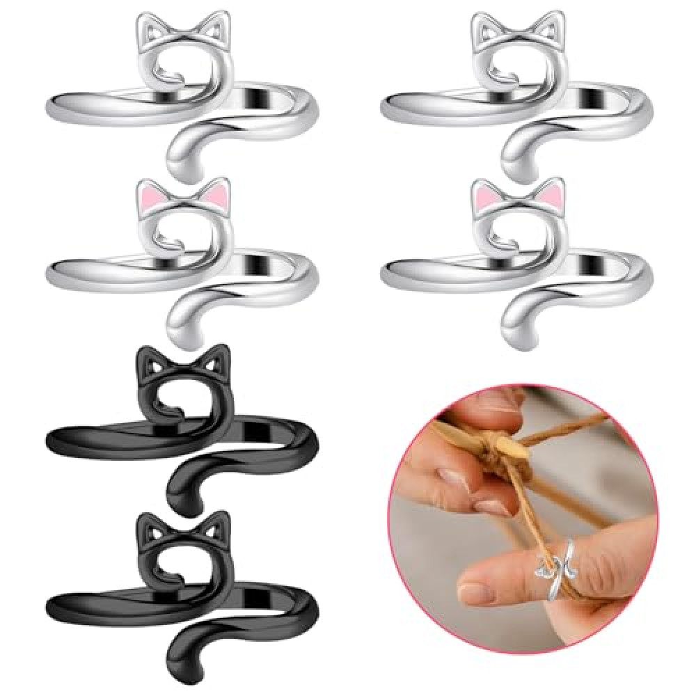 Tyqour 6Pcs Crochet Rings for Tension Cute Cat Ring Adjustable Crochet Ring for Finger Metal Open Yarn Guide Crochet Rings Braided Faster Knitting Accessories for Crochet Mother Grandma Gifts