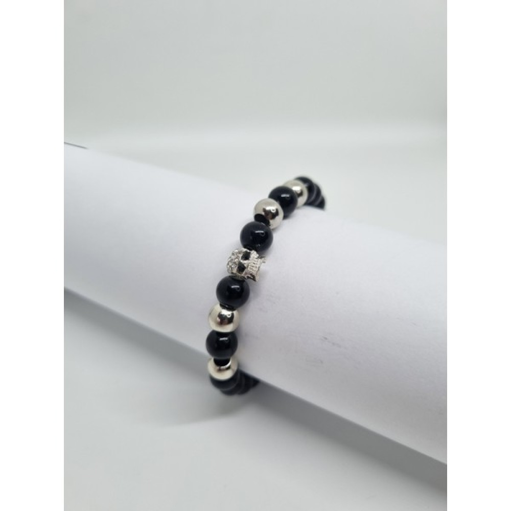 Tzen Accessories Gümüş Renkli Boncuk Detaylı Kuru Kafa Tokalı %100 Siyah Boncuklu Bilezik Modelleri Saat ve Bileklik Aksesuarı Fiyatı