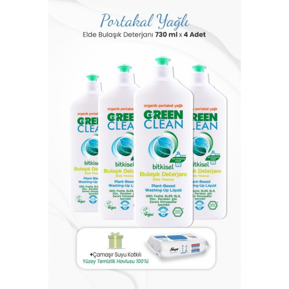 U Green Clean Green Clean 730 ml Bitkisel Elde Bulaşık Deterjanı x 4 Adet ve Çamaşır Sulu Temizlik Havlusu Oto Boyaları Fiyatı