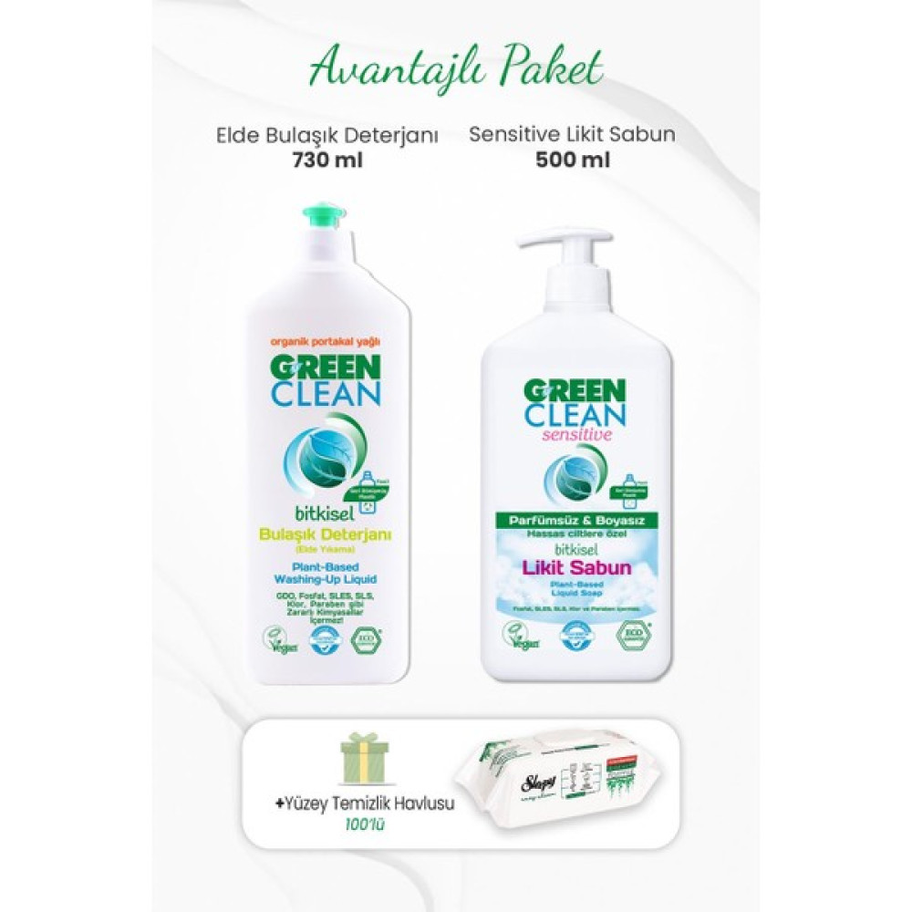 U Green Clean Green Clean Bulaşık Deterjanı 730 Ml, Likit Sabun 500 ml ve Yüzey Temizlik Havlusu 100'LÜ - 730 ml Oto Boyaları Fiyatı