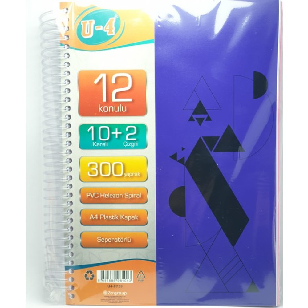 U4 10+2 Bölümlü 300 Yaprak A4 Sipralli Ayraçlı Defter 10 Kareli 2 Çizgili Çoklu Defter Spiralli Defter Fiyatı