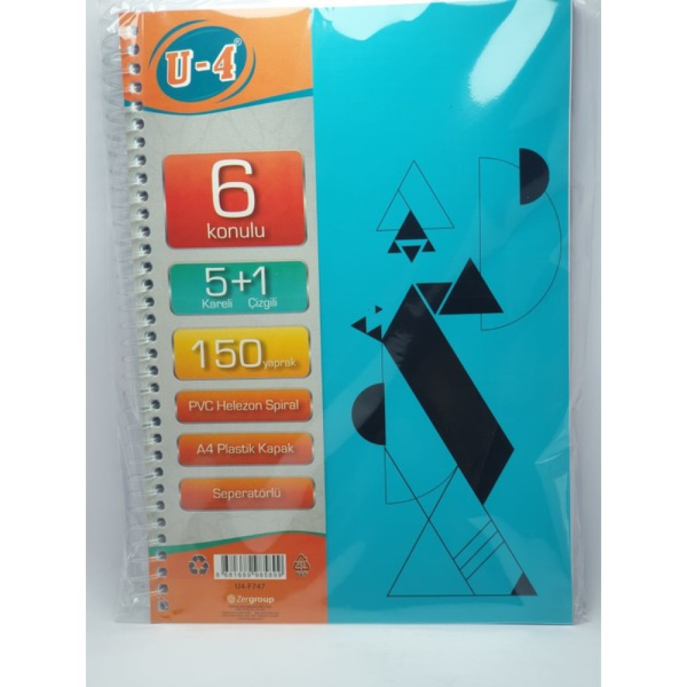 U4 5+1 Bölümlü 150 Yaprak A4 Sipralli Ayraçlı Defter 5 Kareli 1 Çizgili Çoklu Defter Spiralli Defter Fiyatı