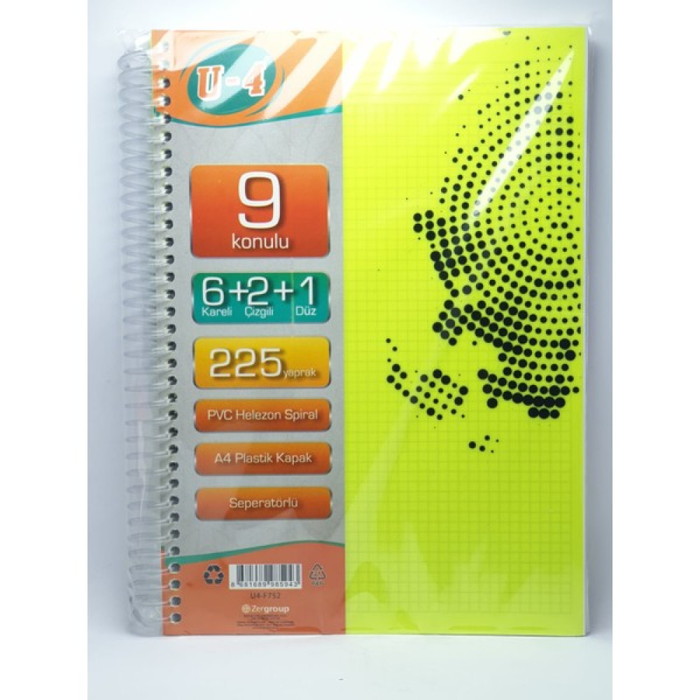 U4 6+2+1 Bölümlü 225 Yaprak A4 Sipralli Ayraçlı Defter 6 Kareli 2 Çizgili 1 Çizgisiz Çoklu Defter Spiralli Defter Fiyatı