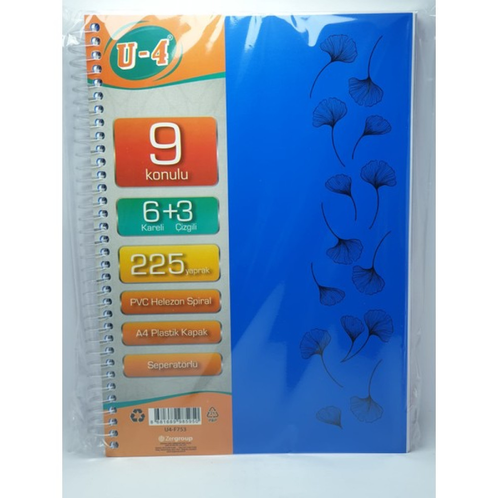 U4 6+3 Bölümlü 225 Yaprak A4 Sipralli Ayraçlı Defter 6 Kareli 3 Çizgili Çoklu Defter Spiralli Defter Fiyatı