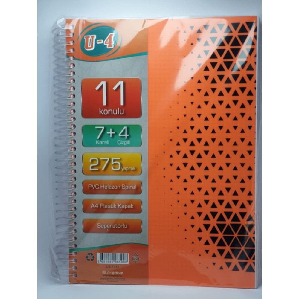 U4 7+4bölümlü 275 Yaprak A4 Sipralli Ayraçlı Defter 7 Kareli 4 Çizgili Çoklu Defter Spiralli Defter Fiyatı