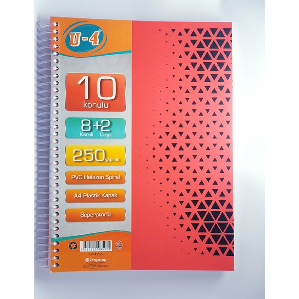 U4 8+2 Bölümlü 250 Yaprak A4 Sipralli Ayraçlı Defter 8 Kareli 2 Çizgili Çoklu Defter Spiralli Defter Fiyatı
