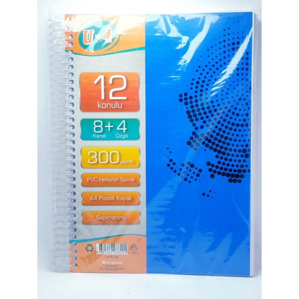 U4 8+4 Bölümlü 300 Yaprak A4 Sipralli Ayraçlı Defter 8 Kareli 4 Çizgili Çoklu Defter - Mavi Spiralli Defter Fiyatı