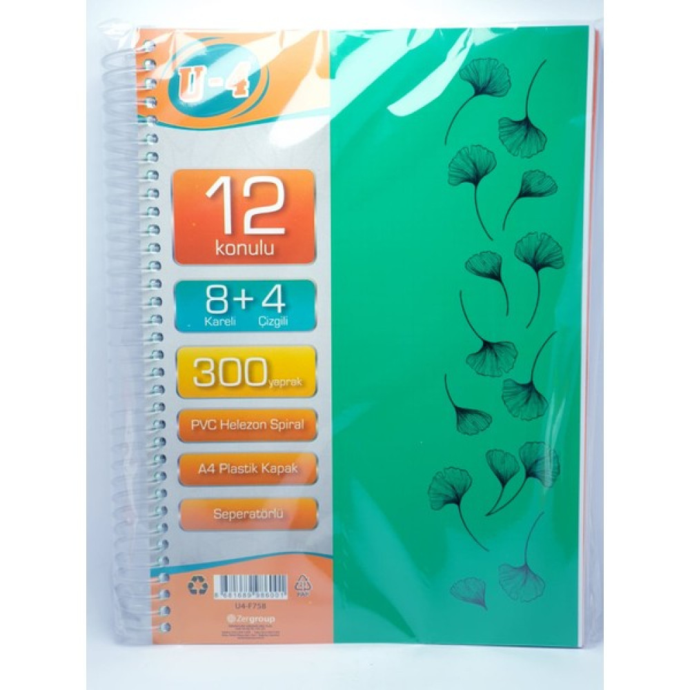 U4 8+4 Bölümlü 300 Yaprak A4 Sipralli Ayraçlı Defter 8 Kareli 4 Çizgili Çoklu Defter - Yeşil Spiralli Defter Fiyatı