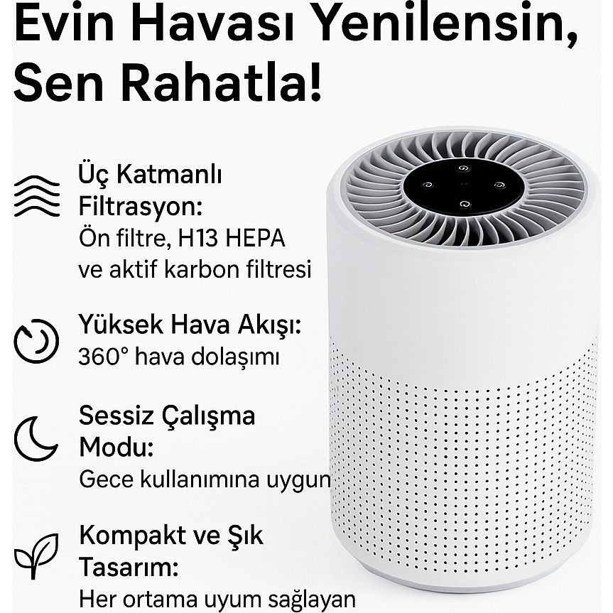Üç Katmanlı H13 Hepa Filtreli Sessiz Kompakt Hava Temizleyici – Aktif Karbon Filtreli - Beyaz Diğer Fiyatı