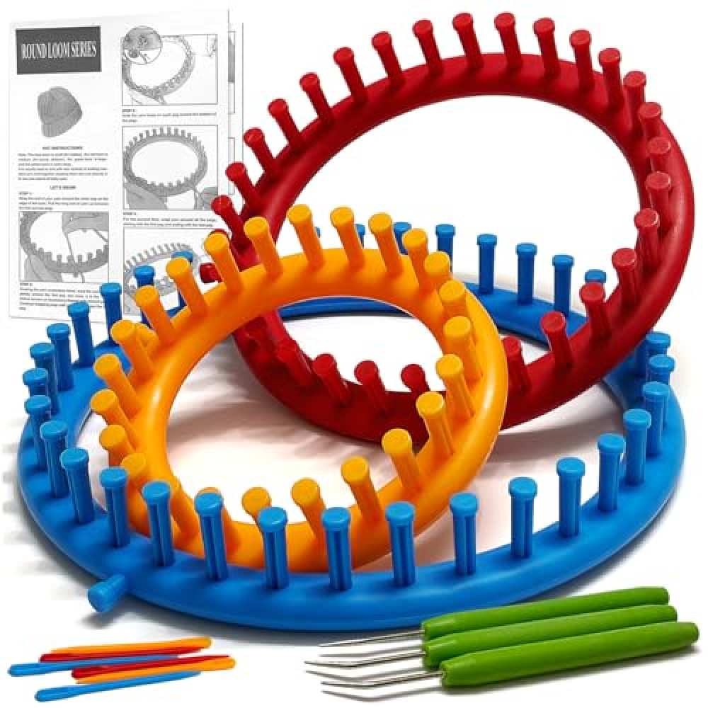 UCDRMA Loom Knitting Kit with Step-by-Step Instructions, Cost-Effective 3 Size Round Knitting Loom for Beginners, Easy & Quick Hat Knitting Loom Set/Scarf Loom Knitting Set with 3 Hooks & 6 Needles