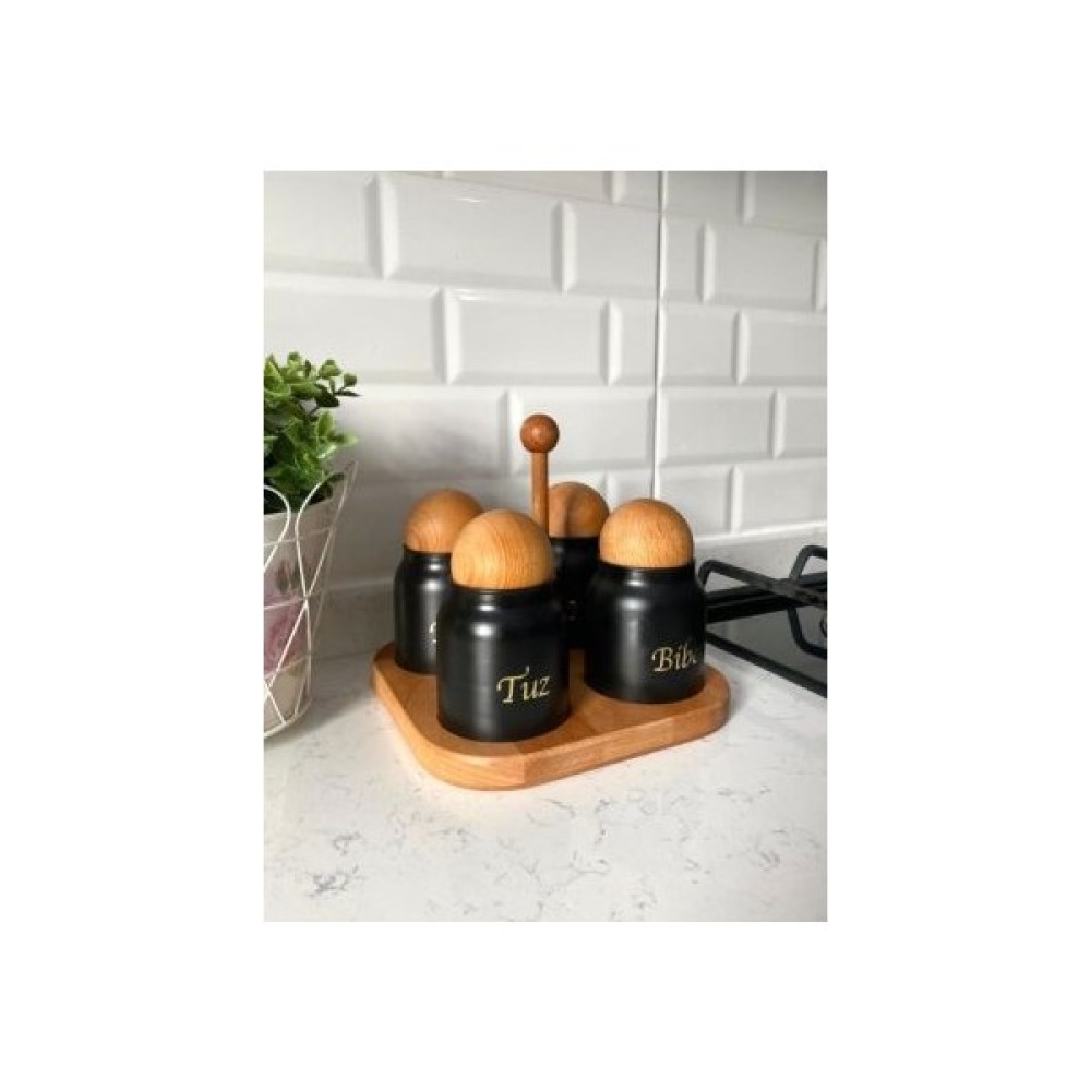 Üçer Ahşap Ahşap Standlı Top Kapaklı Siyah Tuz Biber Kekik Nane Kavanoz - 250 ml Baharat Setleri & Baharatlıklar Fiyatı