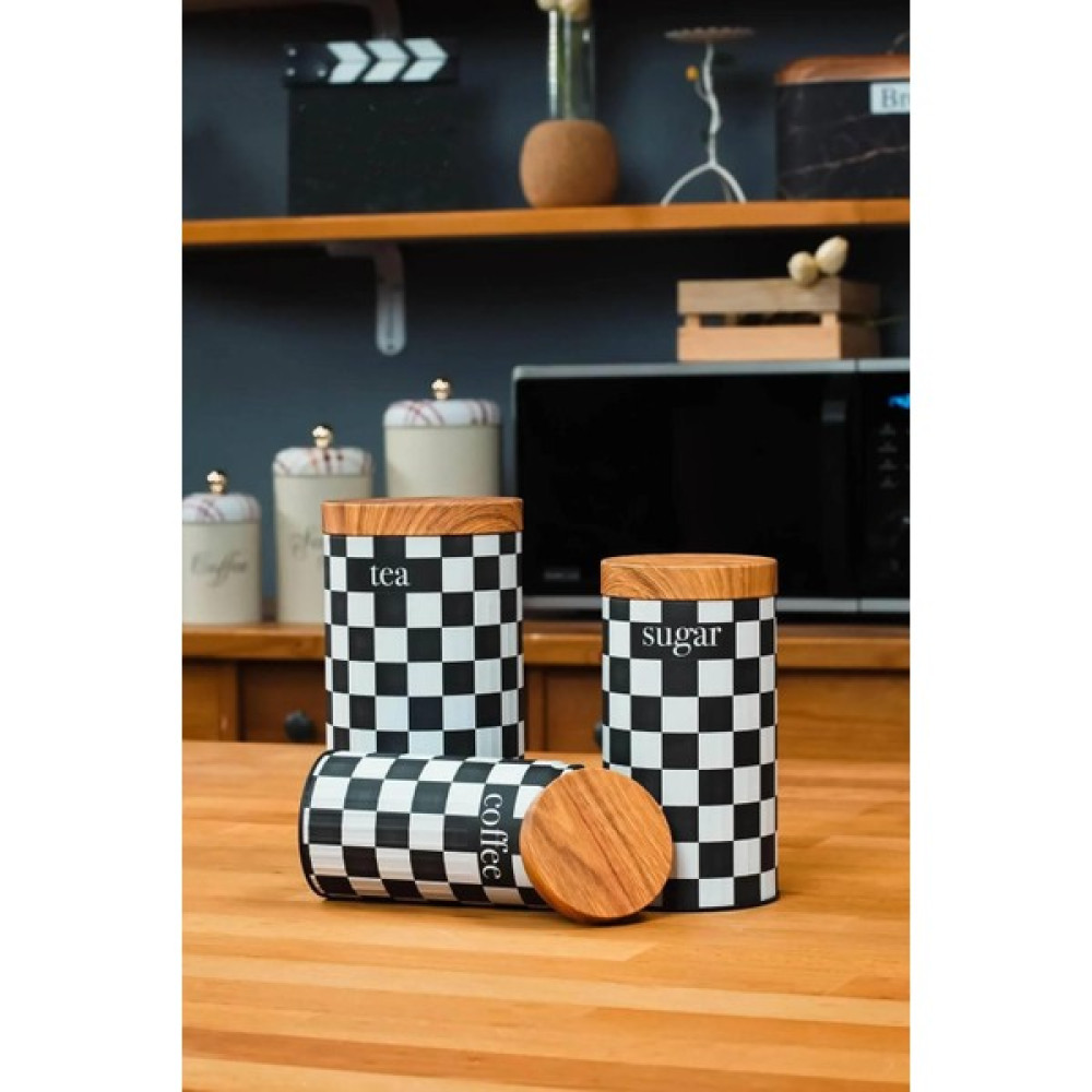 UCR Home 3'lü Set Metal Çay Kahve Şeker Saklama Kavanozu - Dama Desenli Saklama Kapları Fiyatı