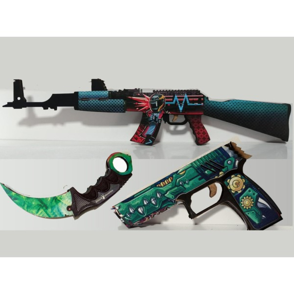 Ucuza Burada Ahşap Cs-Go Neon Set3 Ak 47 Tüfek,tabanca ve Karambite Seti Bebek Oyuncakları Fiyatı