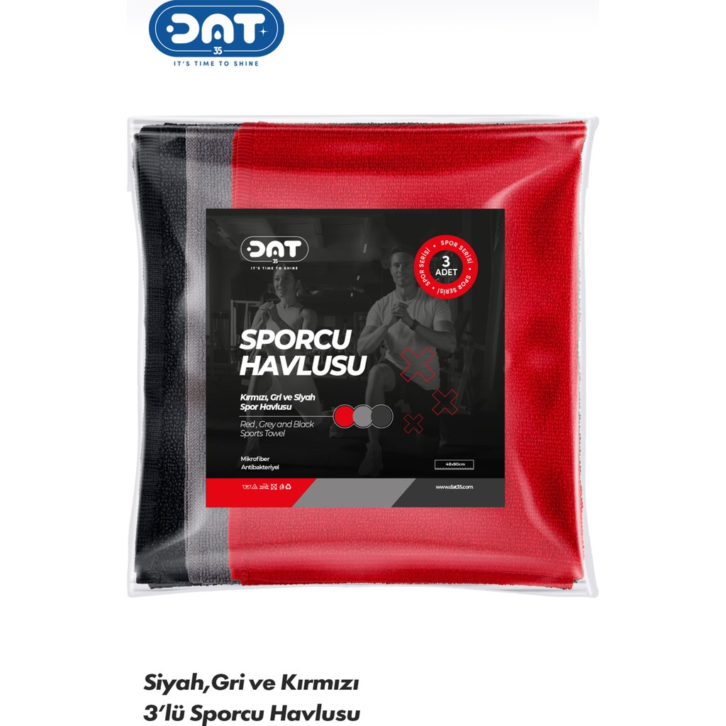 üDat35 3’lü Sporcu Havlu Seti | Ultra Emici Mikrofiber Gym Fitness Boks Koşu Havlusu 48x90 cm - 48 x 90 cm - Kırmız - Gri El / Yüz Havlusu Fiyatı